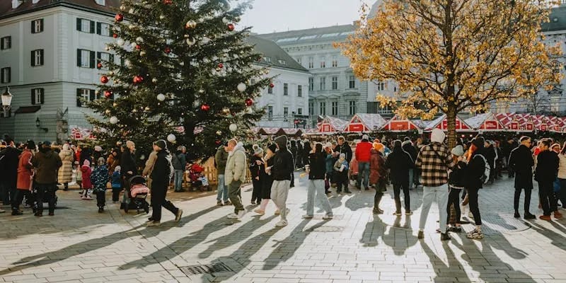 Christmas market with illuminated stalls