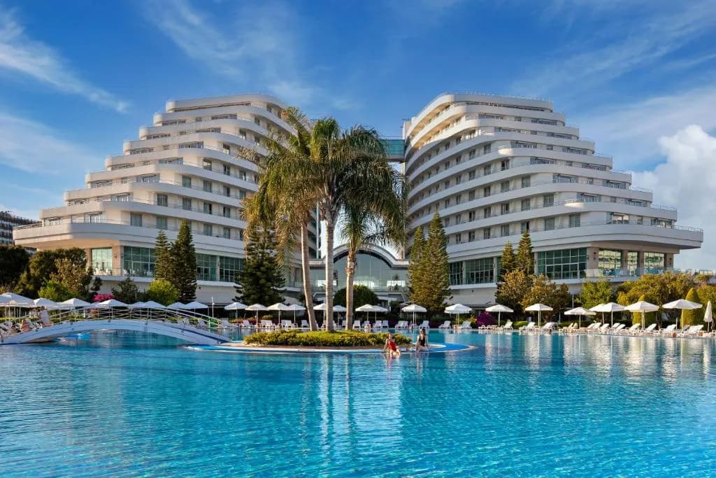 Main pool and resort facade at Miracle Resort Hotel, Lara Beach Antalya