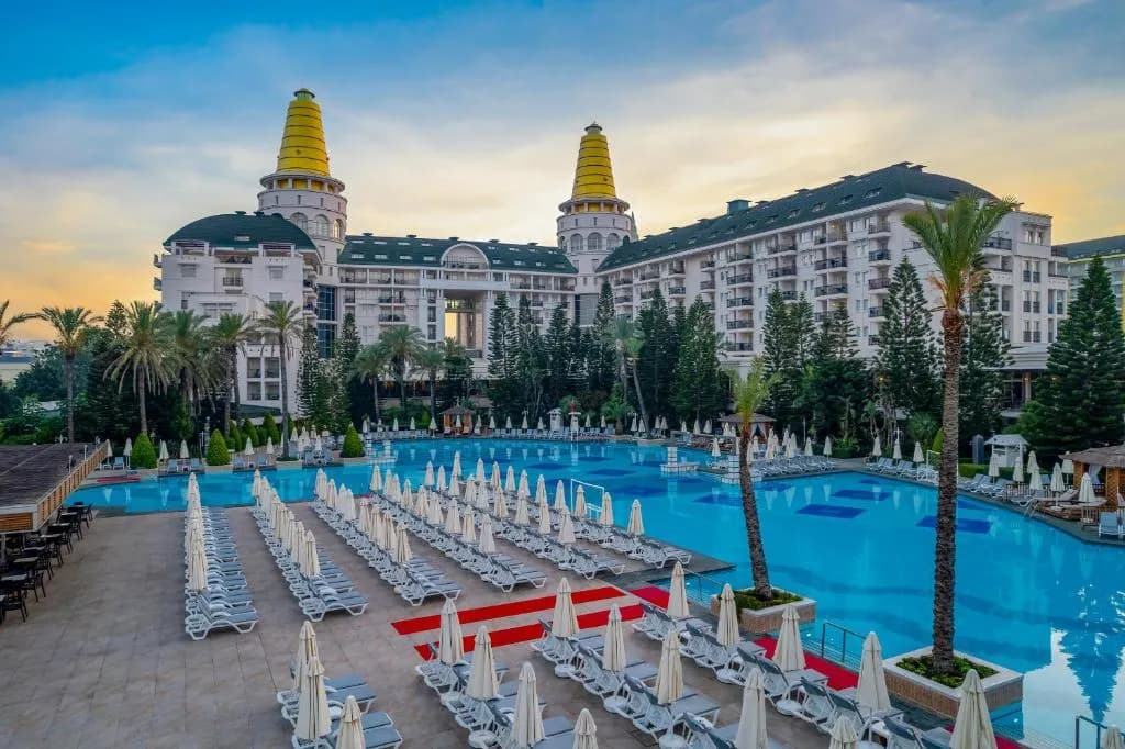 Main pool and resort facade at Delphin Diva Premiere, Lara Beach Antalya