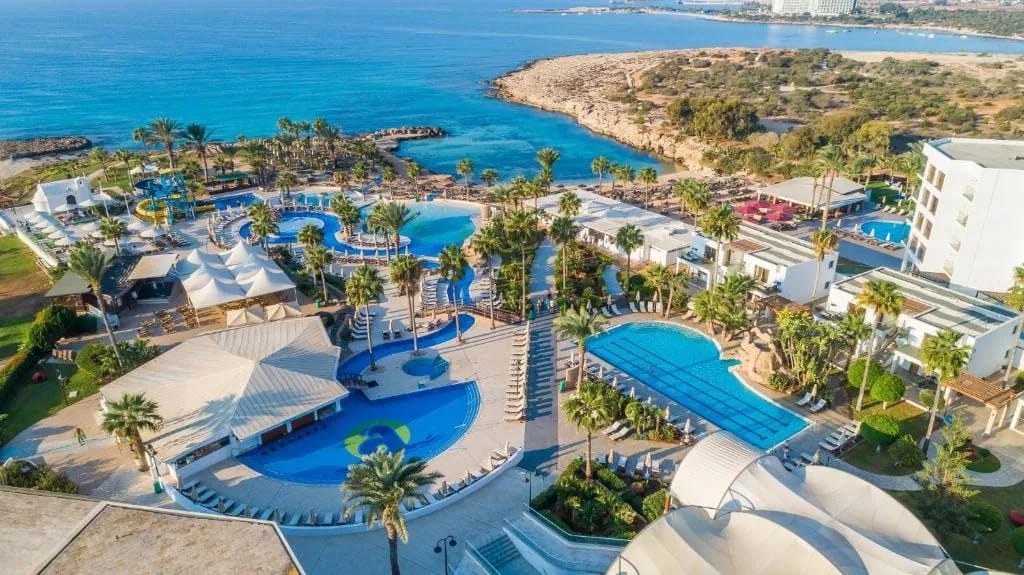 Adams Beach Hotel & Spa aerial view with beach and pools, Ayia Napa