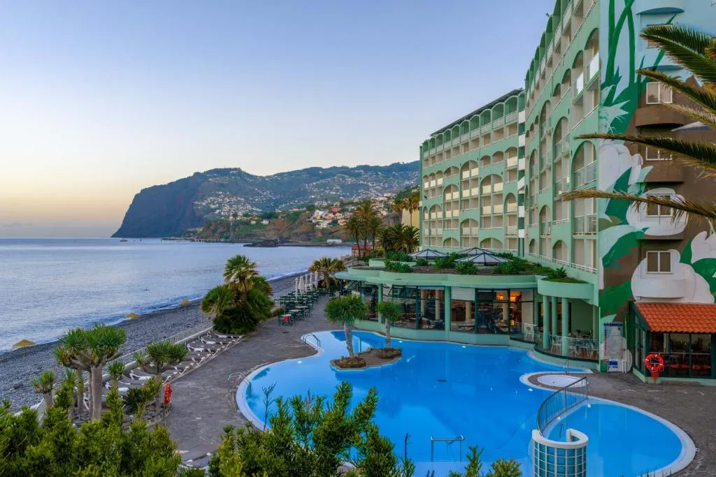 Hotel facade above Praia Formosa at Pestana Ocean Bay, Madeira