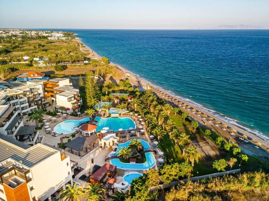 D'Andrea Mare Hotel pool and beachfront in Ialyssos, Rhodes